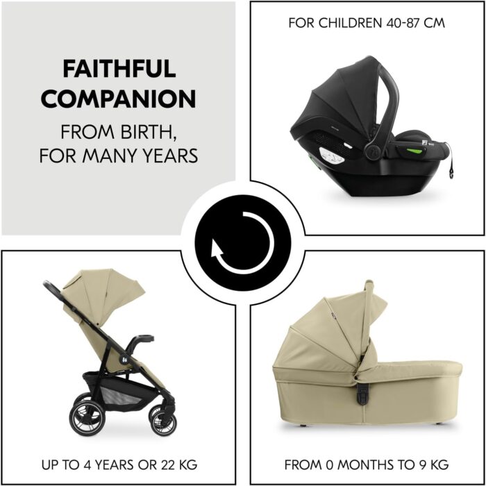hauck Shop N Care Trio Set, Olive - Lightweight Pushchair (only 8.5 kg) Travel System with Pram Unit & i-Size Car Seat from Birth, Snack Tray, Cup Holder & Raincover, Fully Reclining up to 22 kg
