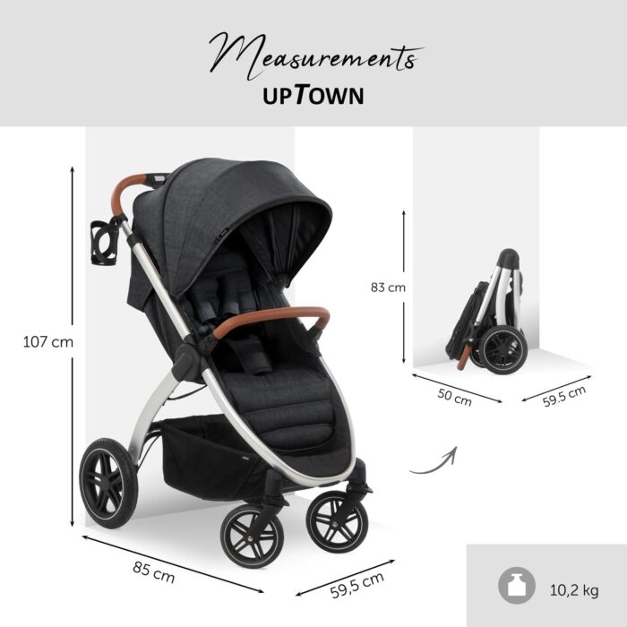 hauck Uptown, Melange Black - Pushchair with Large Seat, Rubber Wheels, Suspension Raincover & Cup Holder, Height-Adjustable, Easy & Compact Folding, Fully Reclining from Birth up to 22 kg