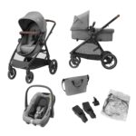 Maxi COSI Zelia Select Trio, Baby Stroller 3 in 1 with Car Seat, 0-4 Years (0-22 kg), One-Hand Fold, Compact and Reversible Puschair Travel System, with CabrioFix S i-Size Baby Car Seat, Grey