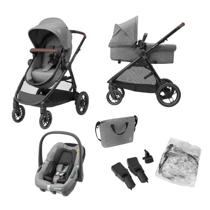 Maxi COSI Zelia Select Trio, Baby Stroller 3 in 1 with Car Seat, 0-4 Years (0-22 kg), One-Hand Fold, Compact and Reversible Puschair Travel System, with CabrioFix S i-Size Baby Car Seat, Grey