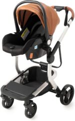 Magic ZC PU Leather 3 in 1 Pushchair Pram Travel System, Baby Stroller 3 in 1 with Reversible Two Pushing Modes, Newborn Infant Carriage One-Click Folding, Toddler Buggy Aluminum Frame (Khaki 518)