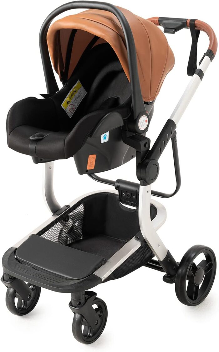 Magic ZC PU Leather 3 in 1 Pushchair Pram Travel System, Baby Stroller 3 in 1 with Reversible Two Pushing Modes, Newborn Infant Carriage One-Click Folding, Toddler Buggy Aluminum Frame (Khaki 518)