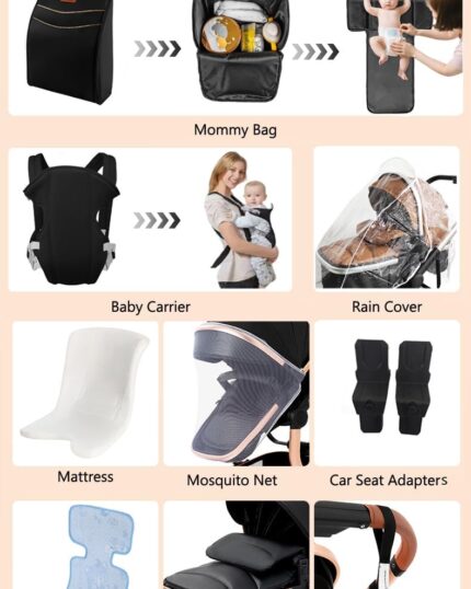 Magic ZC PU Leather 3 in 1 Pushchair Pram Travel System, Baby Stroller 3 in 1 with Reversible Two Pushing Modes, Newborn Infant Carriage One-Click Folding, Toddler Buggy Aluminum Frame (Khaki 518)