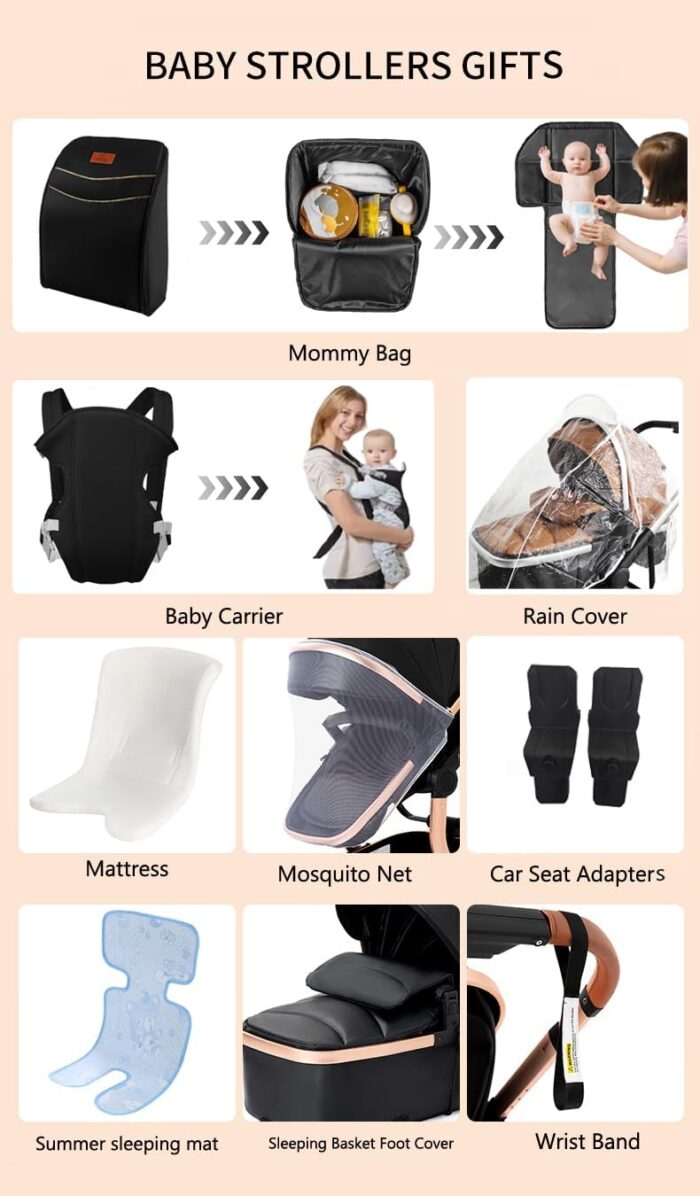 Magic ZC PU Leather 3 in 1 Pushchair Pram Travel System, Baby Stroller 3 in 1 with Reversible Two Pushing Modes, Newborn Infant Carriage One-Click Folding, Toddler Buggy Aluminum Frame (Khaki 518)