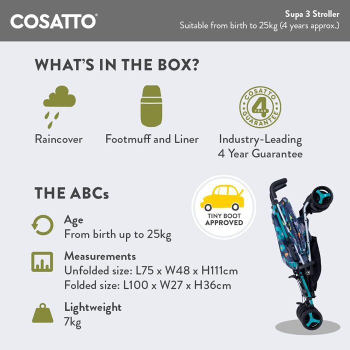 Cosatto Supa 3 Pushchair with Footmuff – Lightweight Stroller from Birth to 25Kg - Easy, Compact, Umbrella Fold, Large Shopping Basket, Carry Handle Footmuff (Old Macdonald)