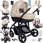 Magic ZC PU Leather 3 in 1 Pushchair Pram Travel System, Baby Stroller 3 in 1 with Reversible Two Pushing Modes, Newborn Infant Carriage One-Click Folding, Toddler Buggy Aluminum Frame (Khaki 518)