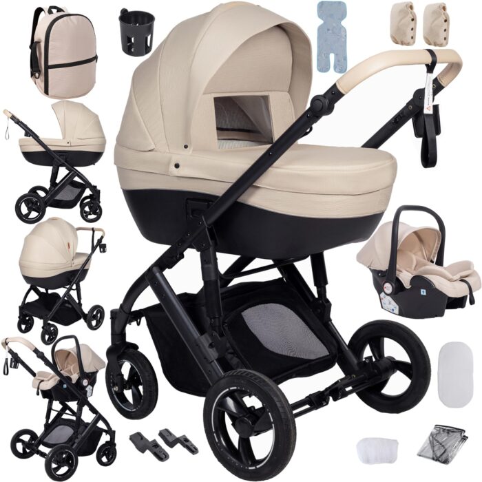 Magic ZC PU Leather 3 in 1 Pushchair Pram Travel System, Baby Stroller 3 in 1 with Reversible Two Pushing Modes, Newborn Infant Carriage One-Click Folding, Toddler Buggy Aluminum Frame (Khaki 518)
