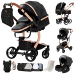 Magic ZC PU Leather 3 in 1 Pushchair Pram Travel System, Baby Stroller 3 in 1 with Reversible Two Pushing Modes, Newborn Infant Carriage One-Click Folding, Toddler Buggy Aluminum Frame (Khaki 518)