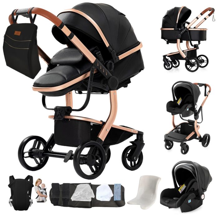 Magic ZC PU Leather 3 in 1 Pushchair Pram Travel System, Baby Stroller 3 in 1 with Reversible Two Pushing Modes, Newborn Infant Carriage One-Click Folding, Toddler Buggy Aluminum Frame (Khaki 518)