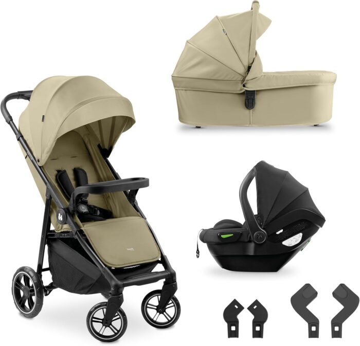 hauck Shop N Care Trio Set, Olive - Lightweight Pushchair (only 8.5 kg) Travel System with Pram Unit & i-Size Car Seat from Birth, Snack Tray, Cup Holder & Raincover, Fully Reclining up to 22 kg