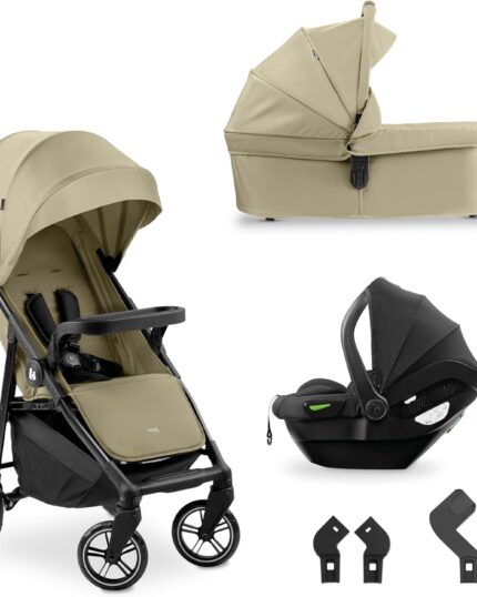 hauck Shop N Care Trio Set, Olive - Lightweight Pushchair (only 8.5 kg) Travel System with Pram Unit & i-Size Car Seat from Birth, Snack Tray, Cup Holder & Raincover, Fully Reclining up to 22 kg