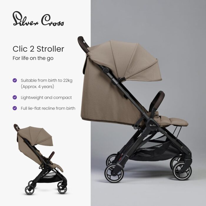 Silver Cross - Clic 2 Compact Stroller & Travel Bag - Travel Stroller For Life On The Go - Foldable & Lightweight - Suitable From Birth To 4 years - Cobble