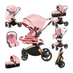 Magic ZC PU Leather 3 in 1 Pushchair Pram Travel System, Baby Stroller 3 in 1 with Reversible Two Pushing Modes, Newborn Infant Carriage One-Click Folding, Toddler Buggy Aluminum Frame (Khaki 518)