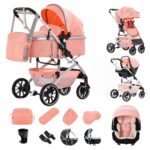 Gcarebb 3 in 1 Prams Travel System, Pushchair with Height Adjustable Handle, Travel Pram with Mosquito Net, Baby Stroller with Aluminum Frame for Newborn 0-4 Years