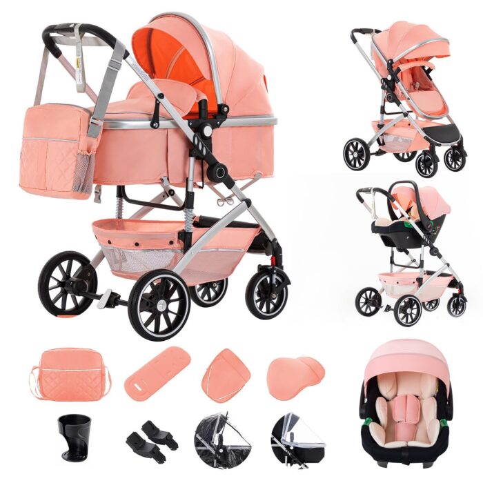 Gcarebb 3 in 1 Prams Travel System, Pushchair with Height Adjustable Handle, Travel Pram with Mosquito Net, Baby Stroller with Aluminum Frame for Newborn 0-4 Years
