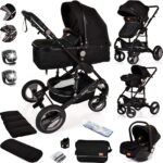 Baby Stroller 3 in 1 Pram Pushchair Buggy Child Lightweight Folding Stroller 3 in 1 Travel System Pram for Newborns Toddlers from Birth Aluminium NEW Upgraded 2025 Style (Black - Rose Gold Frame)