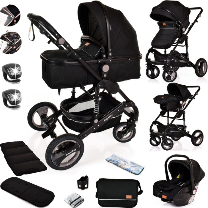 Baby Stroller 3 in 1 Pram Pushchair Buggy Child Lightweight Folding Stroller 3 in 1 Travel System Pram for Newborns Toddlers from Birth Aluminium NEW Upgraded 2025 Style (Black - Rose Gold Frame)