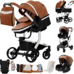Magic ZC PU Leather 3 in 1 Pushchair Pram Travel System, Baby Stroller 3 in 1 with Reversible Two Pushing Modes, Newborn Infant Carriage One-Click Folding, Toddler Buggy Aluminum Frame (Khaki 518)