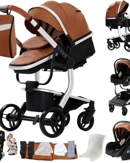 Magic ZC PU Leather 3 in 1 Pushchair Pram Travel System, Baby Stroller 3 in 1 with Reversible Two Pushing Modes, Newborn Infant Carriage One-Click Folding, Toddler Buggy Aluminum Frame (Khaki 518)