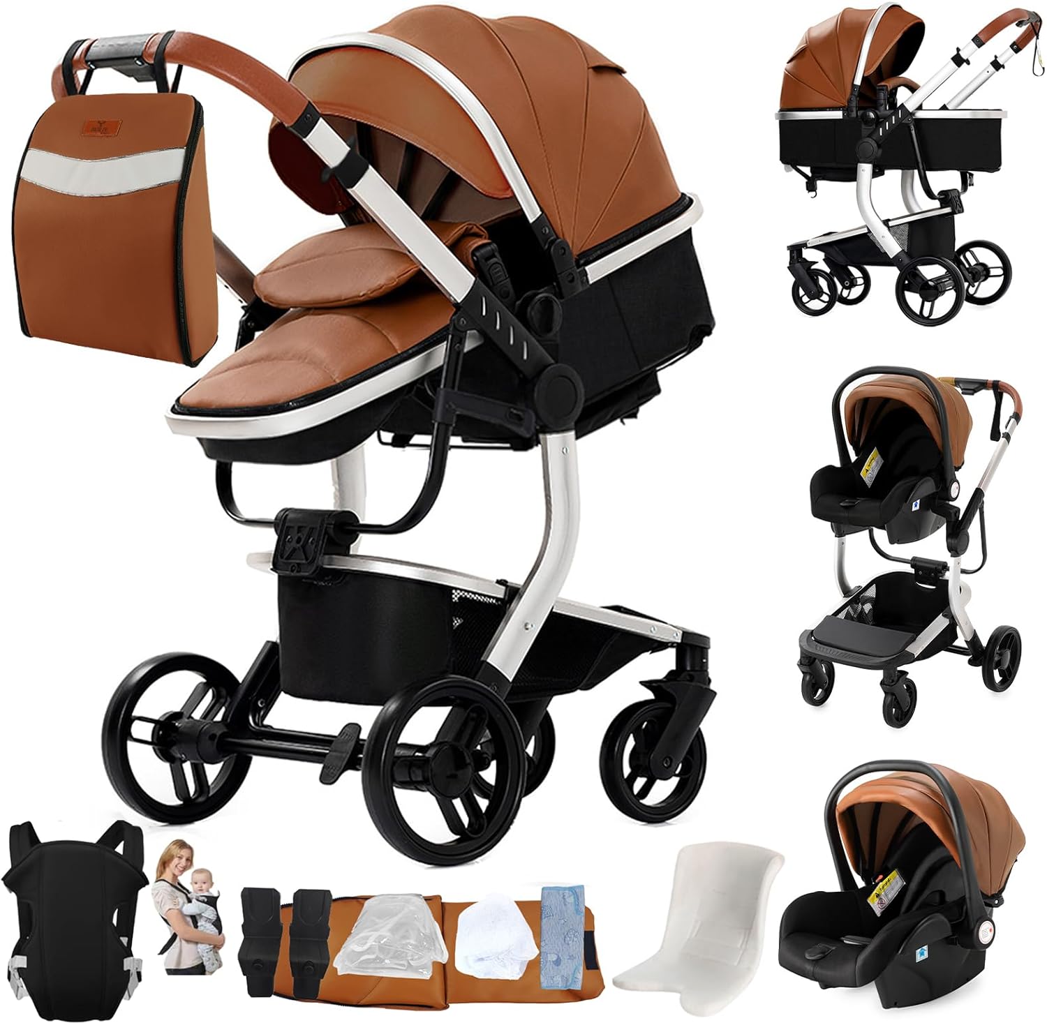714h-NmR7kL._AC_SL1500 Magic ZC PU Leather 3 in 1 Pushchair Pram Travel System, Baby Stroller 3 in 1 with Reversible Two Pushing Modes, Newborn Infant Carriage One-Click Folding, Toddler Buggy Aluminum Frame (Khaki 518)