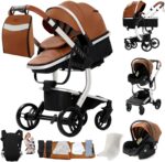 Magic ZC PU Leather 3 in 1 Pushchair Pram Travel System, Baby Stroller 3 in 1 with Reversible Two Pushing Modes, Newborn Infant Carriage One-Click Folding, Toddler Buggy Aluminum Frame (Khaki 518)