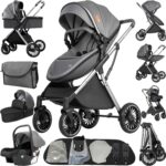 Magic ZC PU Leather 3 in 1 Pushchair Pram Travel System, Baby Stroller 3 in 1 with Reversible Two Pushing Modes, Newborn Infant Carriage One-Click Folding, Toddler Buggy Aluminum Frame (Khaki 518)