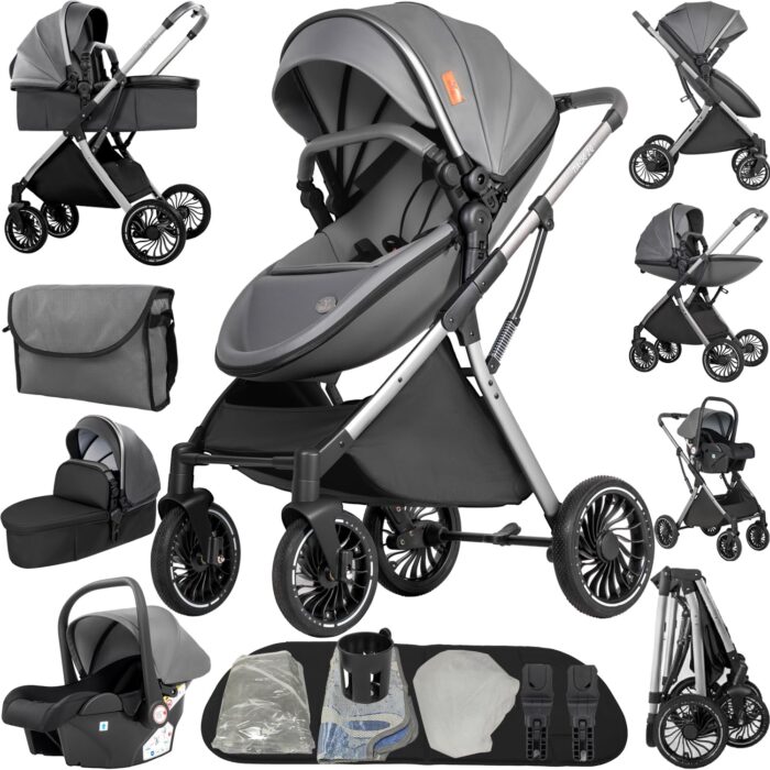 Magic ZC PU Leather 3 in 1 Pushchair Pram Travel System, Baby Stroller 3 in 1 with Reversible Two Pushing Modes, Newborn Infant Carriage One-Click Folding, Toddler Buggy Aluminum Frame (Khaki 518)