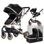 Magic ZC PU Leather 3 in 1 Pushchair Pram Travel System, Baby Stroller 3 in 1 with Reversible Two Pushing Modes, Newborn Infant Carriage One-Click Folding, Toddler Buggy Aluminum Frame (Khaki 518)