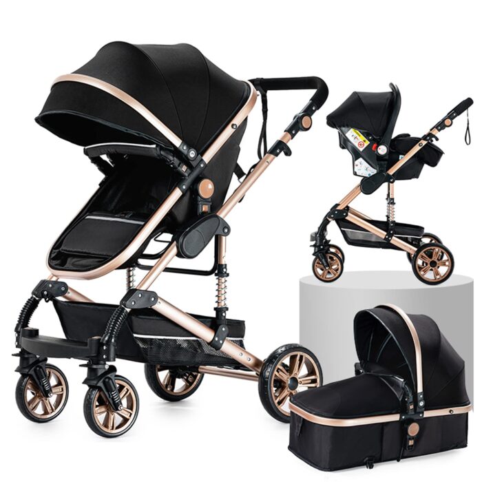 Magic ZC PU Leather 3 in 1 Pushchair Pram Travel System, Baby Stroller 3 in 1 with Reversible Two Pushing Modes, Newborn Infant Carriage One-Click Folding, Toddler Buggy Aluminum Frame (Khaki 518)