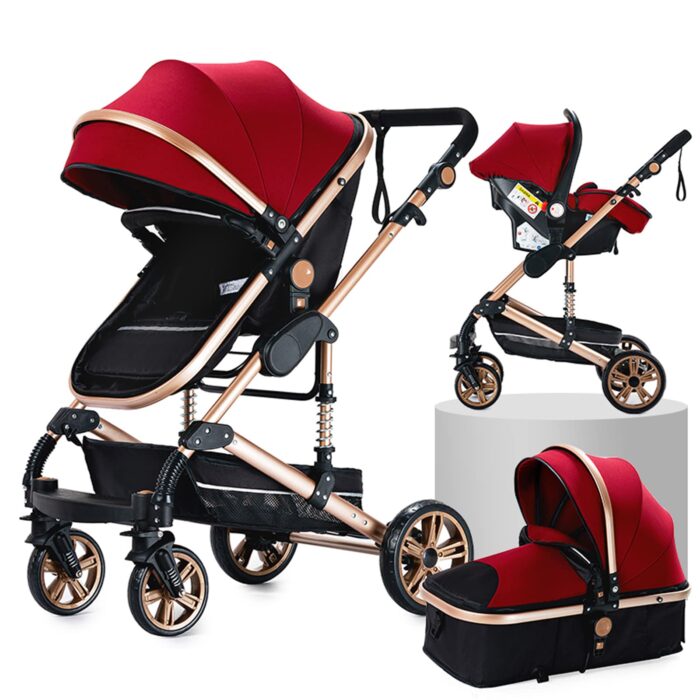 Magic ZC PU Leather 3 in 1 Pushchair Pram Travel System, Baby Stroller 3 in 1 with Reversible Two Pushing Modes, Newborn Infant Carriage One-Click Folding, Toddler Buggy Aluminum Frame (Khaki 518)