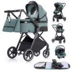Gcarebb 3 in 1 Prams Travel System, Pushchair with Height Adjustable Handle, Travel Pram with Mosquito Net, Baby Stroller with Aluminum Frame for Newborn 0-4 Years