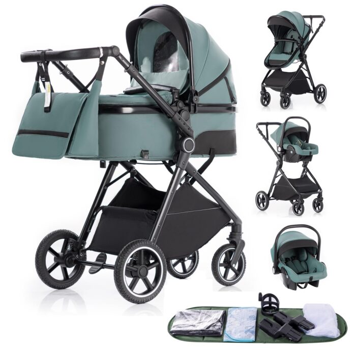 Gcarebb 3 in 1 Prams Travel System, Pushchair with Height Adjustable Handle, Travel Pram with Mosquito Net, Baby Stroller with Aluminum Frame for Newborn 0-4 Years