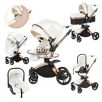 Magic ZC PU Leather 3 in 1 Pushchair Pram Travel System, Baby Stroller 3 in 1 with Reversible Two Pushing Modes, Newborn Infant Carriage One-Click Folding, Toddler Buggy Aluminum Frame (Khaki 518)