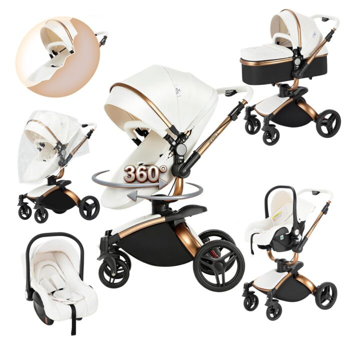 Magic ZC PU Leather 3 in 1 Pushchair Pram Travel System, Baby Stroller 3 in 1 with Reversible Two Pushing Modes, Newborn Infant Carriage One-Click Folding, Toddler Buggy Aluminum Frame (Khaki 518)