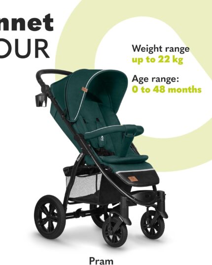 LIONELO Pushchair from Birth up to 22 kg Annet Tour Light & Foldable Stroller with Reclining backrest to a Lying Position, EVA Foam Wheels, Mosquito Net, Footblanket, Drink Holder, Basket, XXL Hood