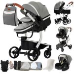 Magic ZC PU Leather 3 in 1 Pushchair Pram Travel System, Baby Stroller 3 in 1 with Reversible Two Pushing Modes, Newborn Infant Carriage One-Click Folding, Toddler Buggy Aluminum Frame (Khaki 518)