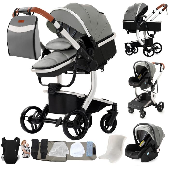 Magic ZC PU Leather 3 in 1 Pushchair Pram Travel System, Baby Stroller 3 in 1 with Reversible Two Pushing Modes, Newborn Infant Carriage One-Click Folding, Toddler Buggy Aluminum Frame (Khaki 518)