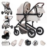 Gcarebb 3 in 1 Prams Travel System, Pushchair with Height Adjustable Handle, Travel Pram with Mosquito Net, Baby Stroller with Aluminum Frame for Newborn 0-4 Years