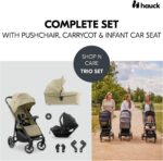 hauck Shop N Care Trio Set, Olive - Lightweight Pushchair (only 8.5 kg) Travel System with Pram Unit & i-Size Car Seat from Birth, Snack Tray, Cup Holder & Raincover, Fully Reclining up to 22 kg
