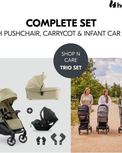 hauck Shop N Care Trio Set, Olive - Lightweight Pushchair (only 8.5 kg) Travel System with Pram Unit & i-Size Car Seat from Birth, Snack Tray, Cup Holder & Raincover, Fully Reclining up to 22 kg