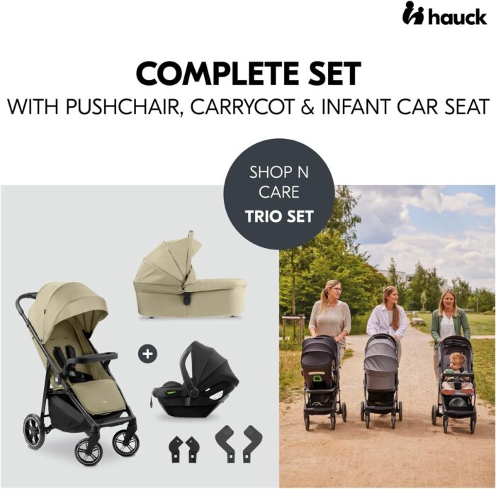 hauck Shop N Care Trio Set, Olive - Lightweight Pushchair (only 8.5 kg) Travel System with Pram Unit & i-Size Car Seat from Birth, Snack Tray, Cup Holder & Raincover, Fully Reclining up to 22 kg