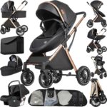 Magic ZC PU Leather 3 in 1 Pushchair Pram Travel System, Baby Stroller 3 in 1 with Reversible Two Pushing Modes, Newborn Infant Carriage One-Click Folding, Toddler Buggy Aluminum Frame (Khaki 518)