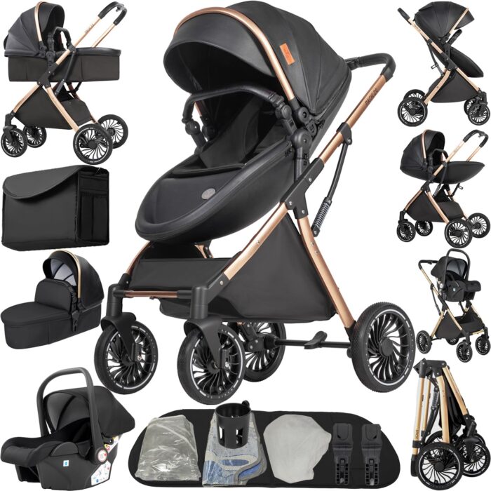 Magic ZC PU Leather 3 in 1 Pushchair Pram Travel System, Baby Stroller 3 in 1 with Reversible Two Pushing Modes, Newborn Infant Carriage One-Click Folding, Toddler Buggy Aluminum Frame (Khaki 518)