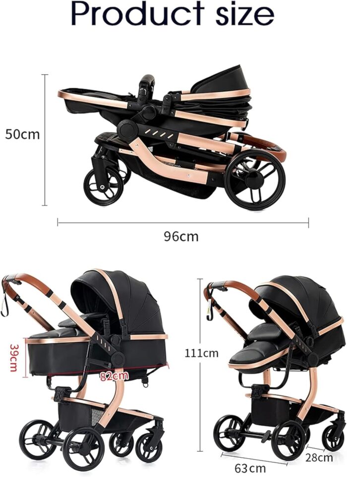 Magic ZC PU Leather 3 in 1 Pushchair Pram Travel System, Baby Stroller 3 in 1 with Reversible Two Pushing Modes, Newborn Infant Carriage One-Click Folding, Toddler Buggy Aluminum Frame (Khaki 518)