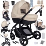 Magic ZC PU Leather 3 in 1 Pushchair Pram Travel System, Baby Stroller 3 in 1 with Reversible Two Pushing Modes, Newborn Infant Carriage One-Click Folding, Toddler Buggy Aluminum Frame (Khaki 518)