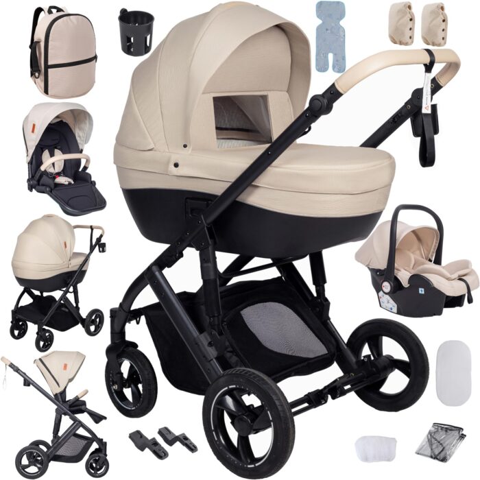 Magic ZC PU Leather 3 in 1 Pushchair Pram Travel System, Baby Stroller 3 in 1 with Reversible Two Pushing Modes, Newborn Infant Carriage One-Click Folding, Toddler Buggy Aluminum Frame (Khaki 518)