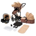 Magic ZC PU Leather 3 in 1 Pushchair Pram Travel System, Baby Stroller 3 in 1 with Reversible Two Pushing Modes, Newborn Infant Carriage One-Click Folding, Toddler Buggy Aluminum Frame (Khaki 518)