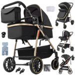Magic ZC PU Leather 3 in 1 Pushchair Pram Travel System, Baby Stroller 3 in 1 with Reversible Two Pushing Modes, Newborn Infant Carriage One-Click Folding, Toddler Buggy Aluminum Frame (Khaki 518)