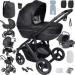Magic ZC PU Leather 3 in 1 Pushchair Pram Travel System, Baby Stroller 3 in 1 with Reversible Two Pushing Modes, Newborn Infant Carriage One-Click Folding, Toddler Buggy Aluminum Frame (Khaki 518)