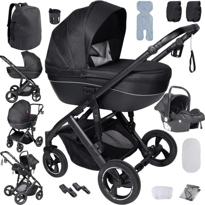 Magic ZC PU Leather 3 in 1 Pushchair Pram Travel System, Baby Stroller 3 in 1 with Reversible Two Pushing Modes, Newborn Infant Carriage One-Click Folding, Toddler Buggy Aluminum Frame (Khaki 518)
